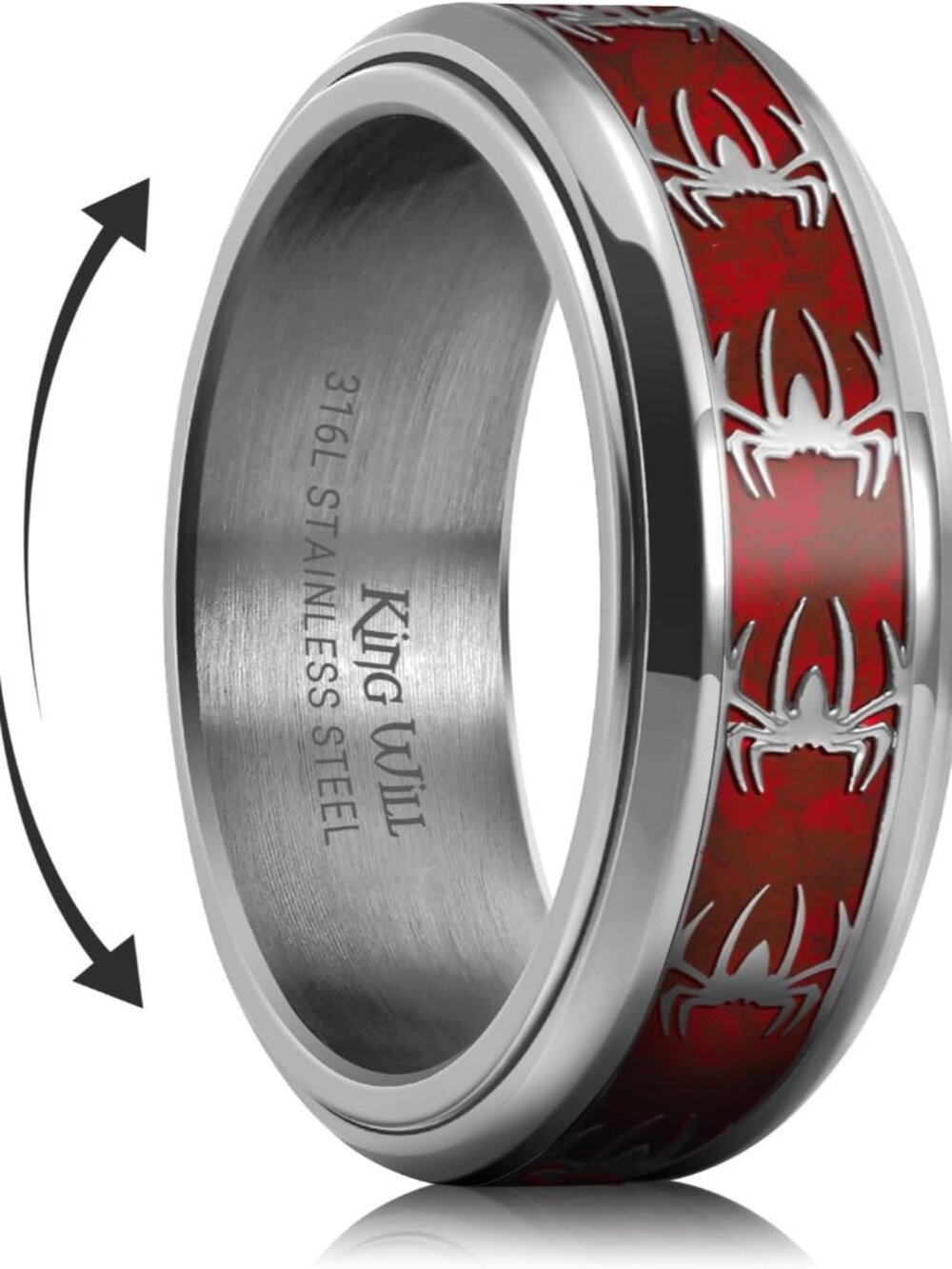 316L Stainless Steel Spinner Ring for Men Women-8mm Wedding Band wirh Red Skull/